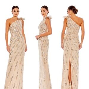 Mac Duggal beaded sequin floral one shoulder column gown size 8